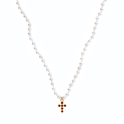 Collana Crucis con perle, croce con zirconi, argento 925 dorato