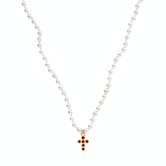 Collana Crucis con perle, croce con zirconi, argento 925 dorato