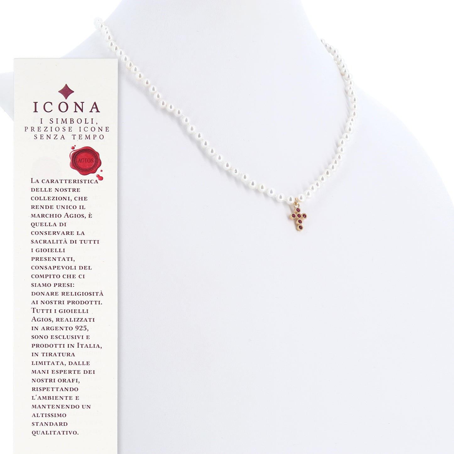 Collana Crucis con perle, croce con zirconi, argento 925 dorato
