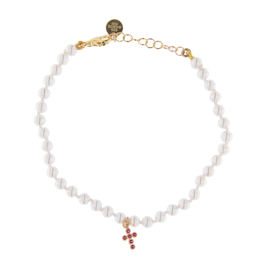 Bracciale Crucis in perle di conchiglia, Croce con zirconi Rubino in argento 925