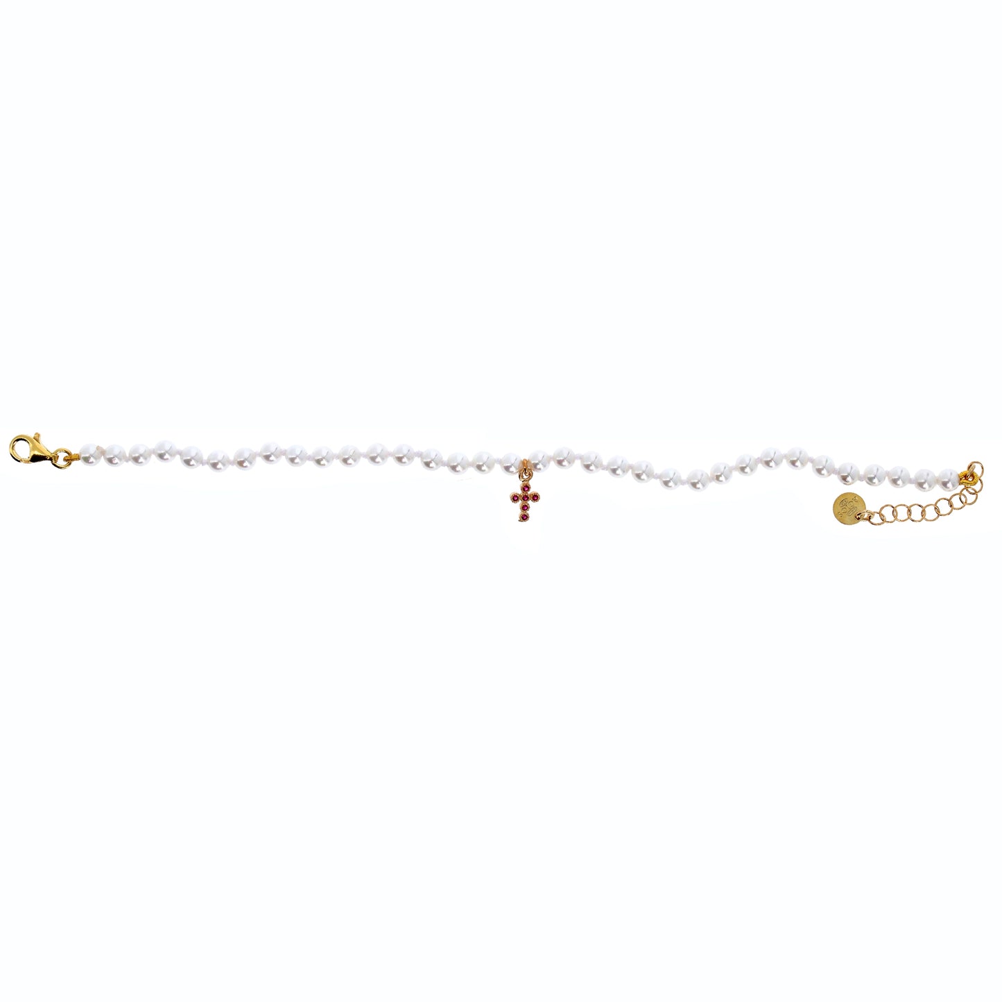 Bracciale Crucis in perle di conchiglia, Croce con zirconi Rubino in argento 925