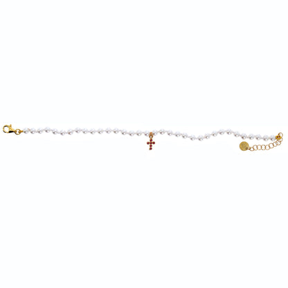 Bracciale Crucis in perle di conchiglia, Croce con zirconi Rubino in argento 925