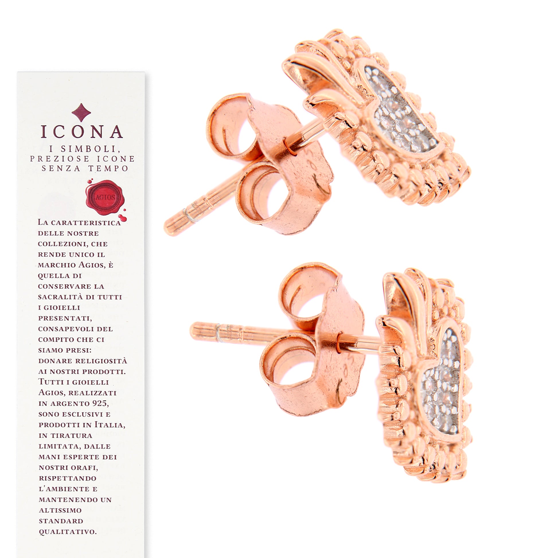 Orecchini Sacrum Cor, Cuore Votivo con zirconi, argento 925 rosè