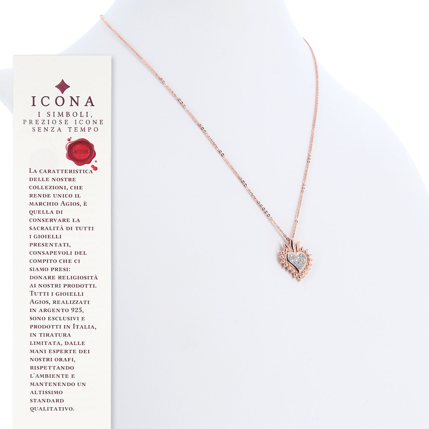 Collana Sacrum Cor, Cuore Votivo con zirconi, argento 925 rosè