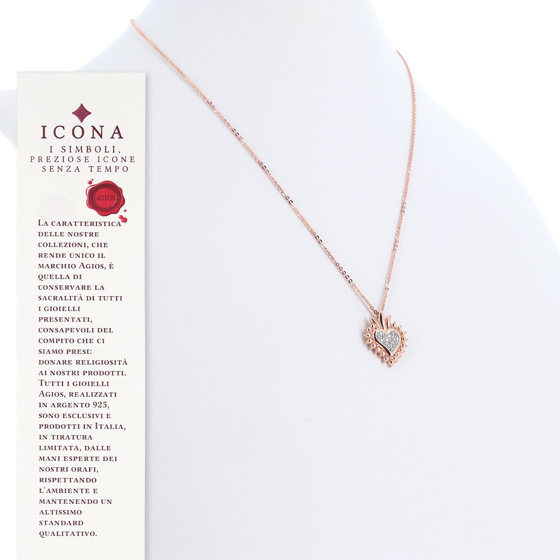 Collana Sacrum Cor, Cuore Votivo con zirconi, argento 925 rosè
