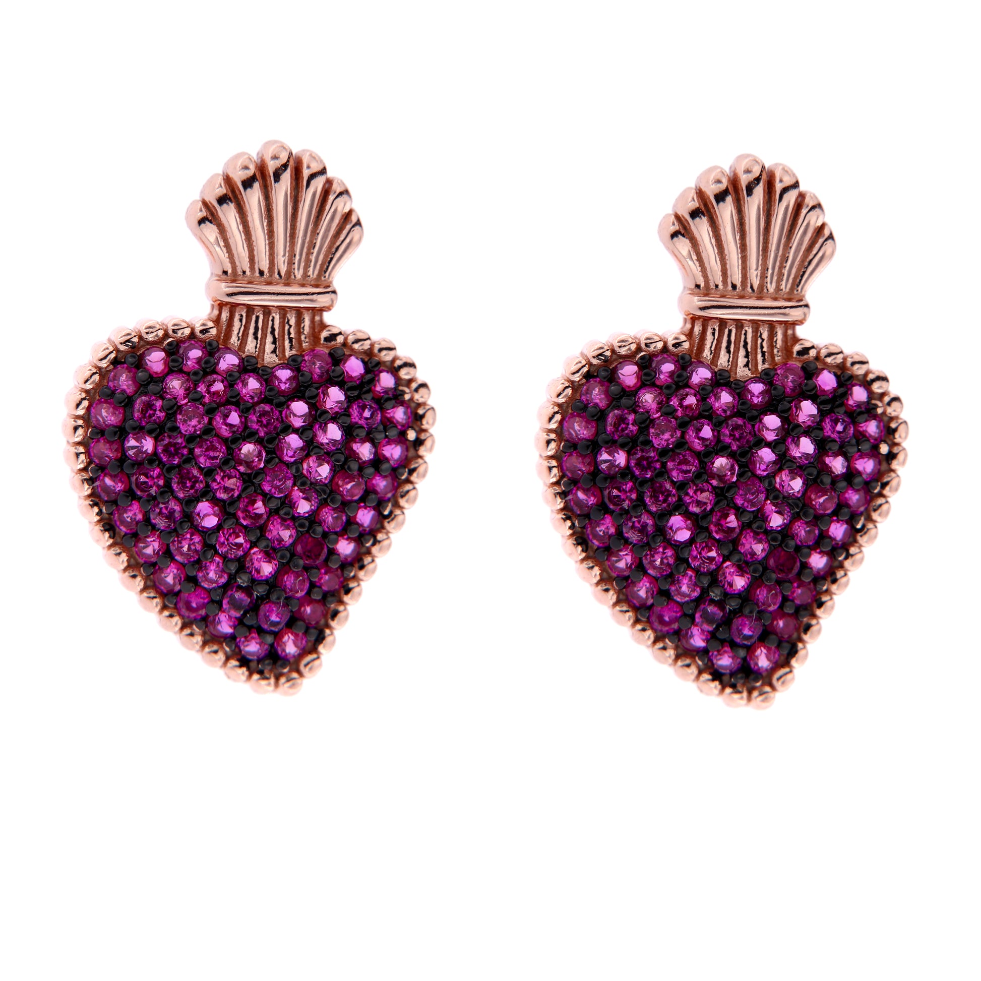 Orecchini Sacrum Cor, Cuore Votivo con zirconi rubini, argento 925 rosè
