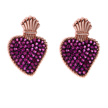 Orecchini Sacrum Cor, Cuore Votivo con zirconi rubini, argento 925 rosè
