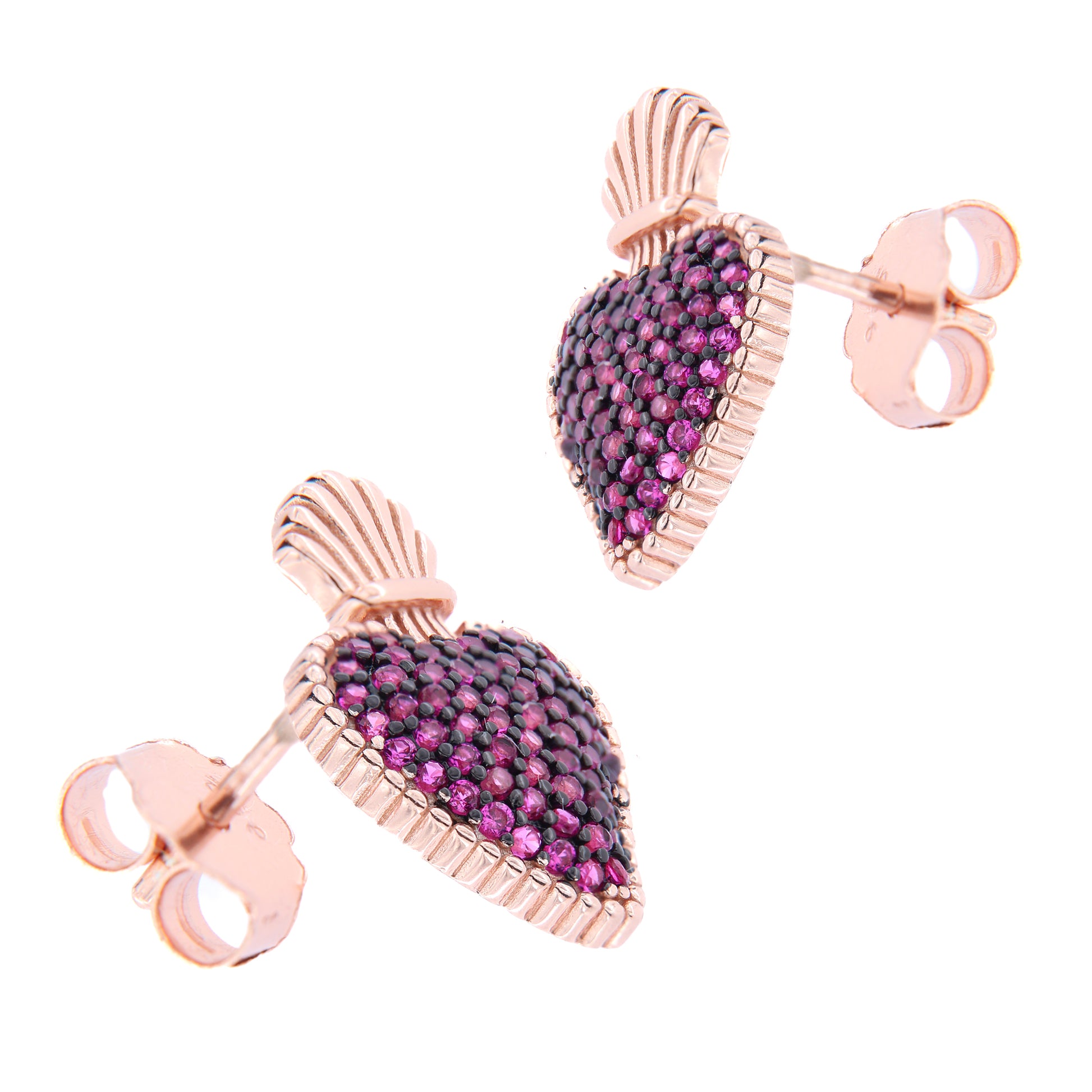 Orecchini Sacrum Cor, Cuore Votivo con zirconi rubini, argento 925 rosè

