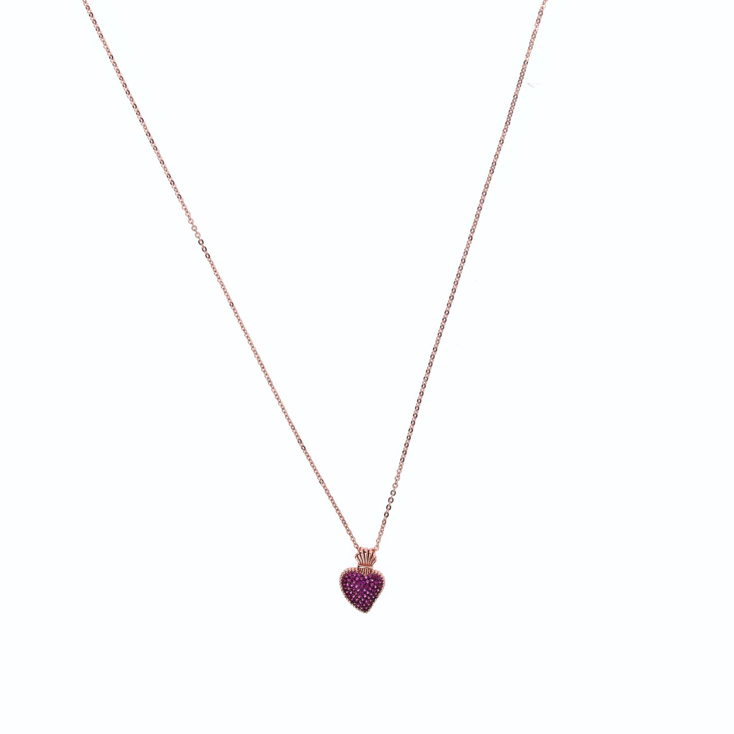 Collana Sacrum Cor, Cuore Votivo con zirconi rubini, argento 925 rosè
