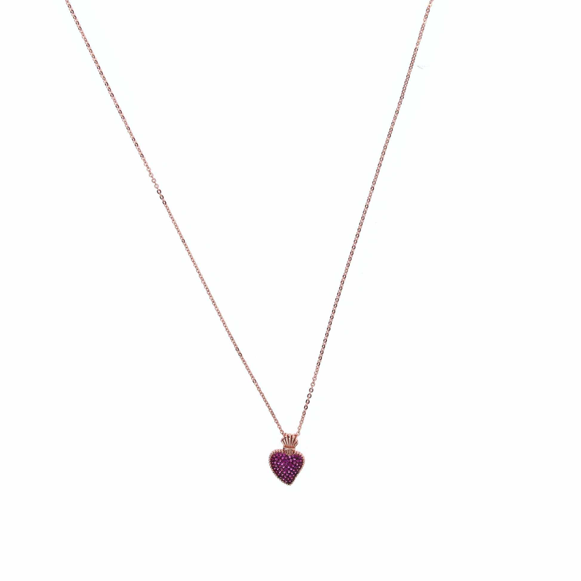Collana Sacrum Cor, Cuore Votivo con zirconi rubini, argento 925 rosè
