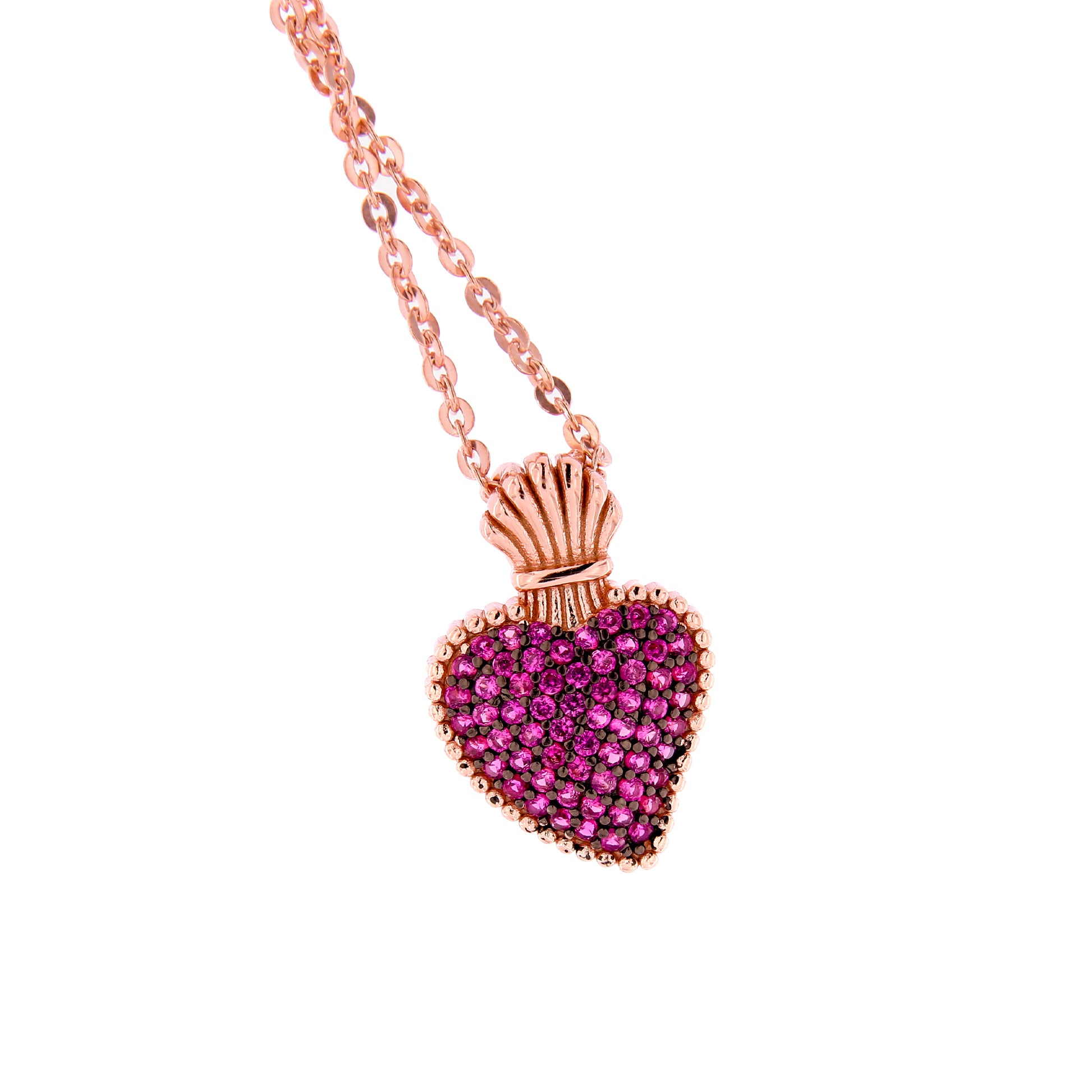 Collana Sacrum Cor, Cuore Votivo con zirconi rubini, argento 925 rosè
