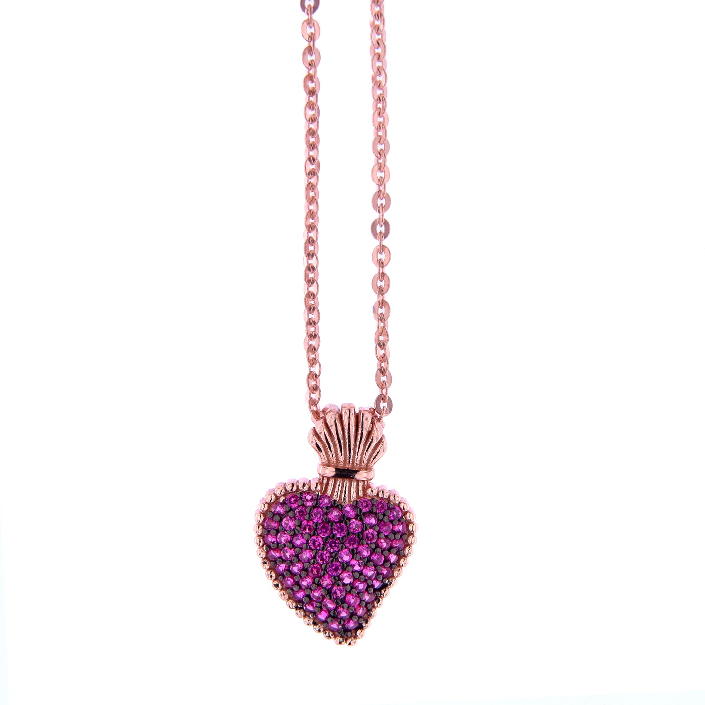 Collana Sacrum Cor, Cuore Votivo con zirconi rubini, argento 925 rosè
