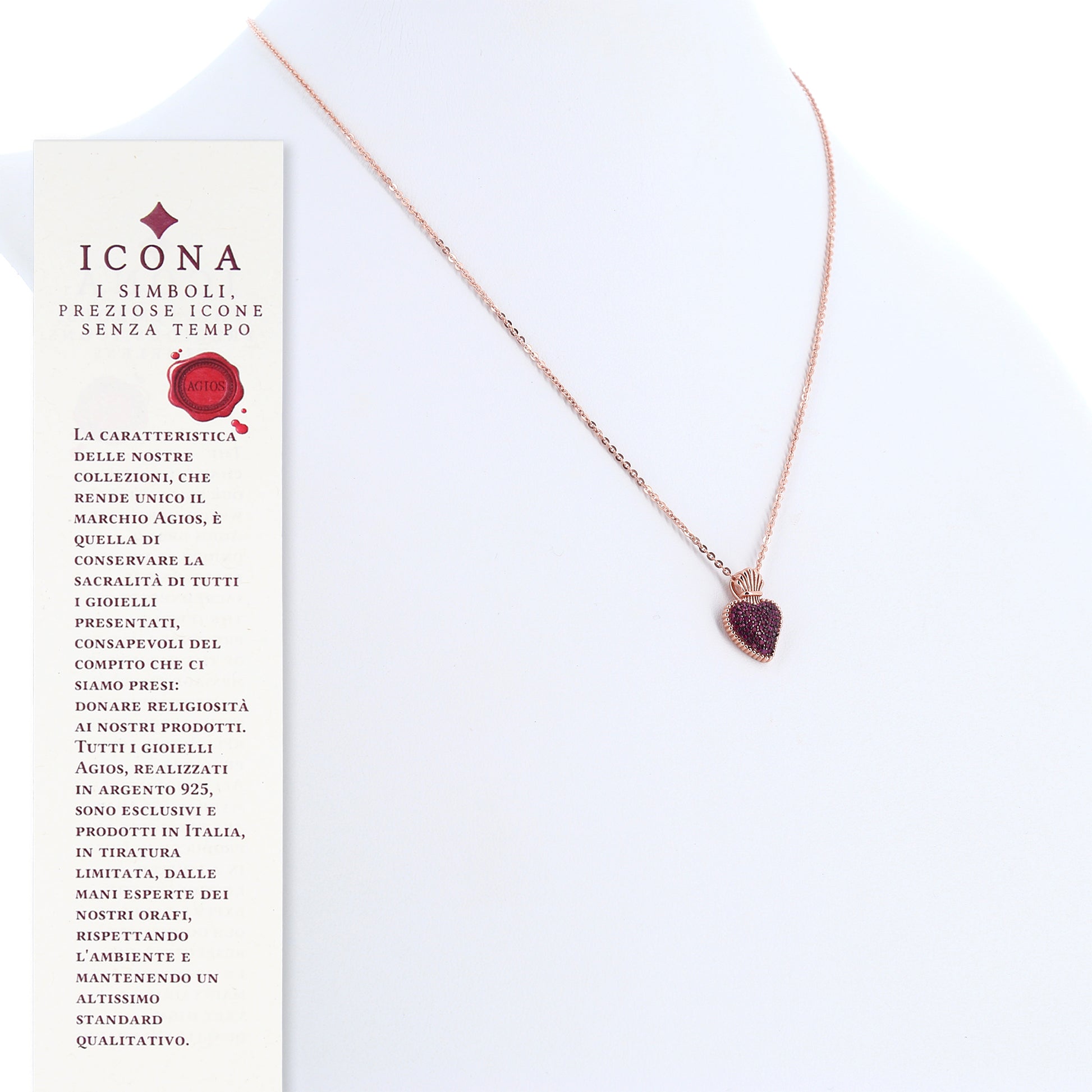 Collana Sacrum Cor, Cuore Votivo con zirconi rubini, argento 925 rosè
