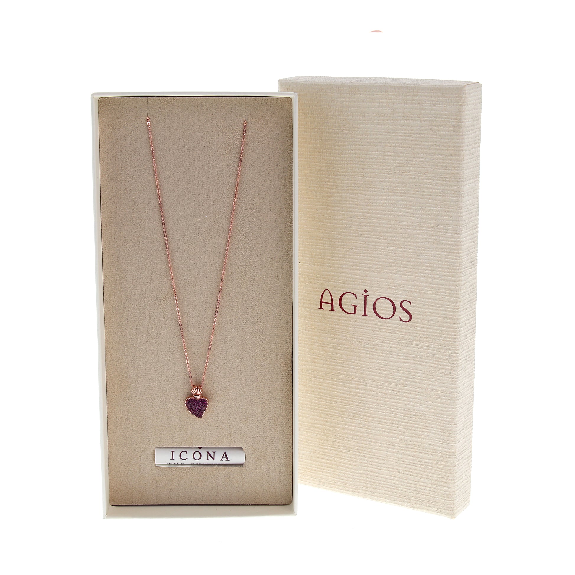 Collana Sacrum Cor, Cuore Votivo con zirconi rubini, argento 925 rosè
