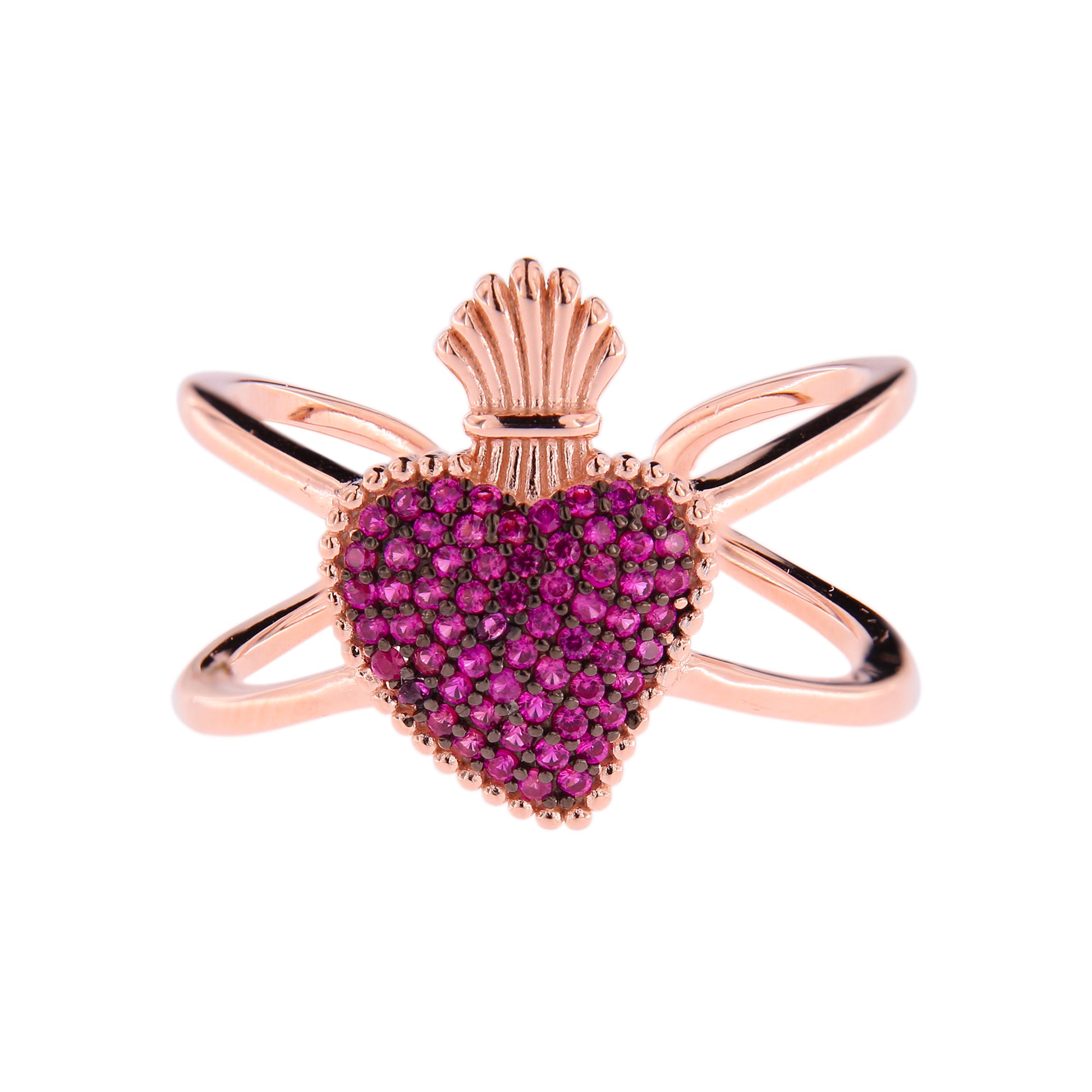 Anello Sacrum Cor, Cuore Votivo con zirconi rubini, argento 925 rosè