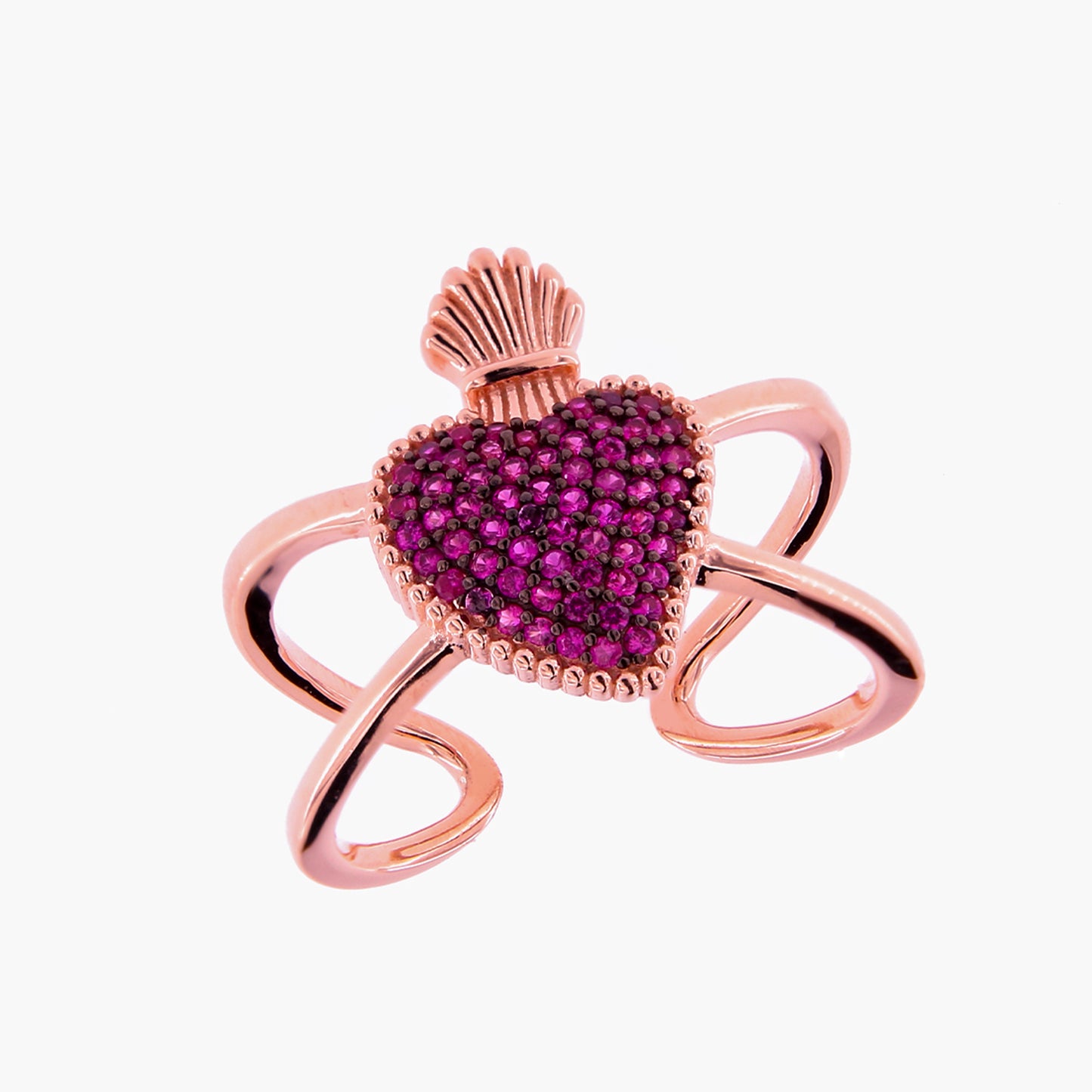 Anello Sacrum Cor, Cuore Votivo con zirconi rubini, argento 925 rosè