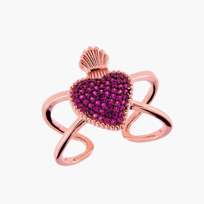 Anello Sacrum Cor, Cuore Votivo con zirconi rubini, argento 925 rosè