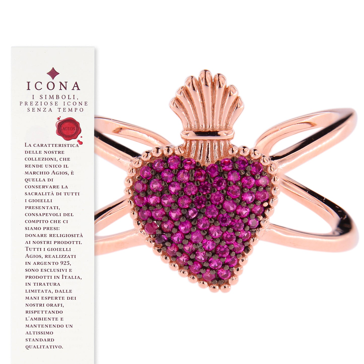 Anello Sacrum Cor, Cuore Votivo con zirconi rubini, argento 925 rosè