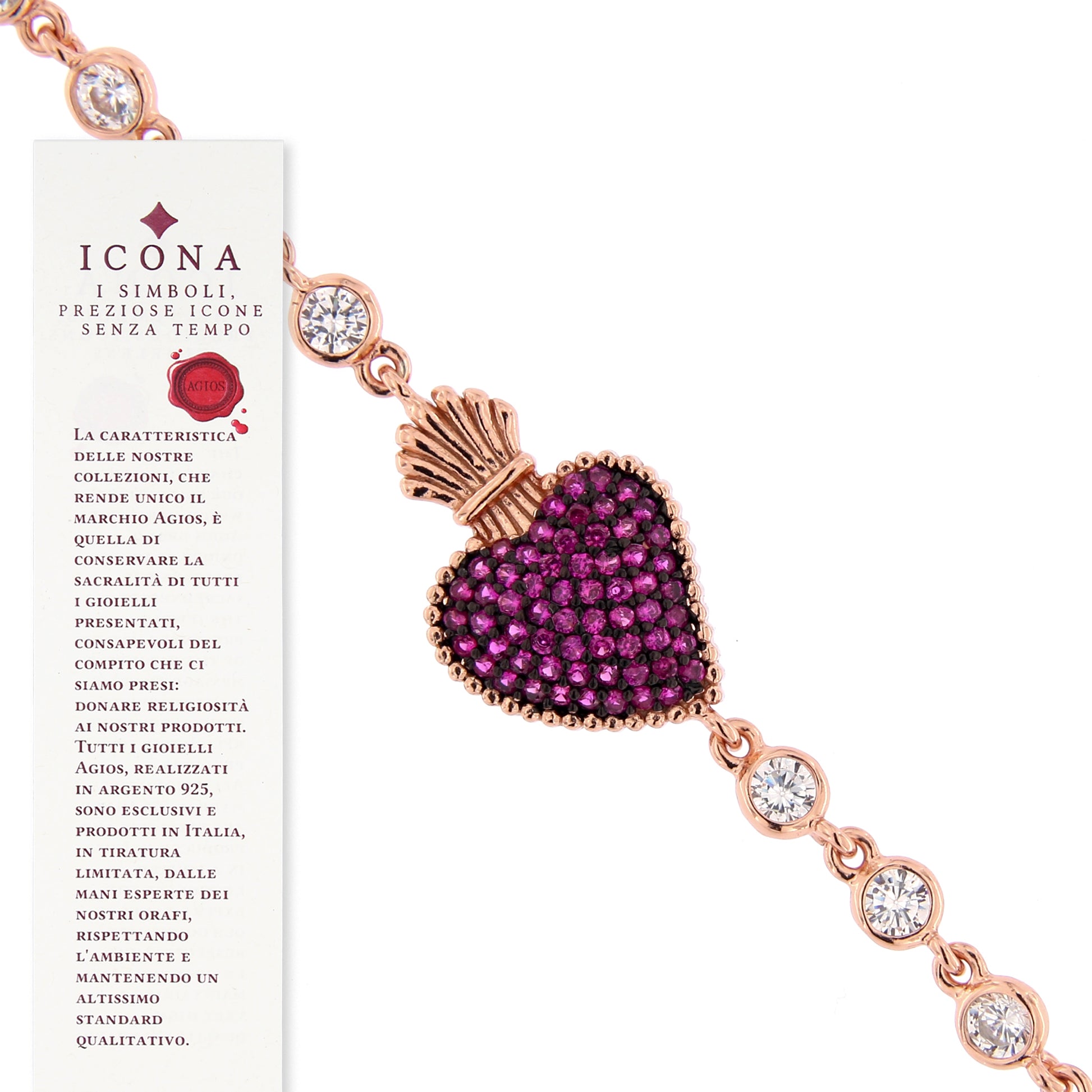 Bracciale Sacrum Cor in argento rosè con zirconi rubini
