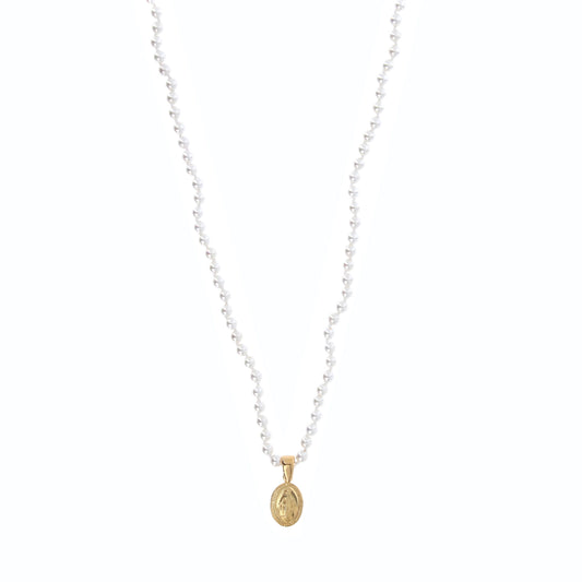 Collana in perle di conchiglia e pendente Medaglia Miracolosa in argento dorato

