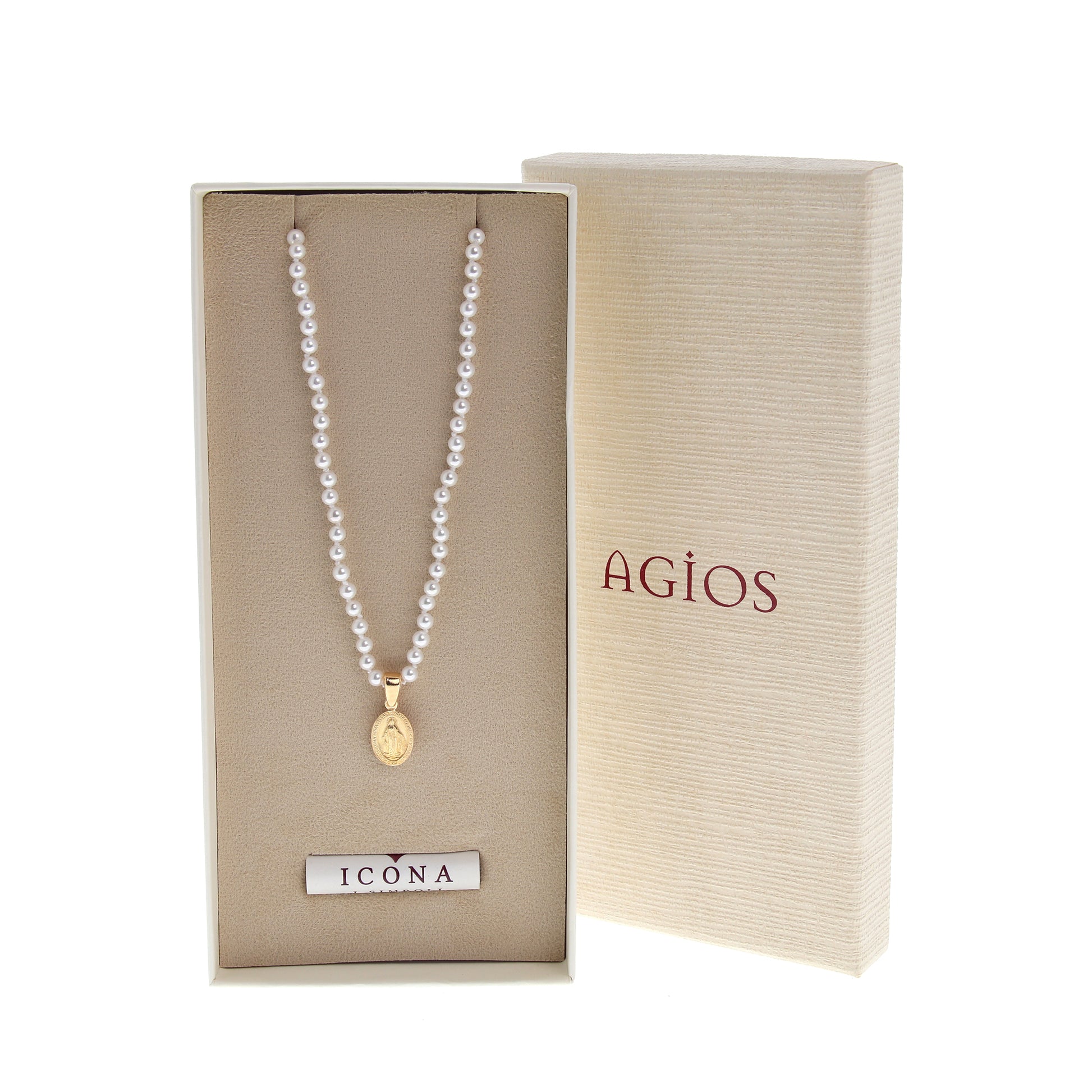 Collana in perle di conchiglia e pendente Medaglia Miracolosa in argento dorato
