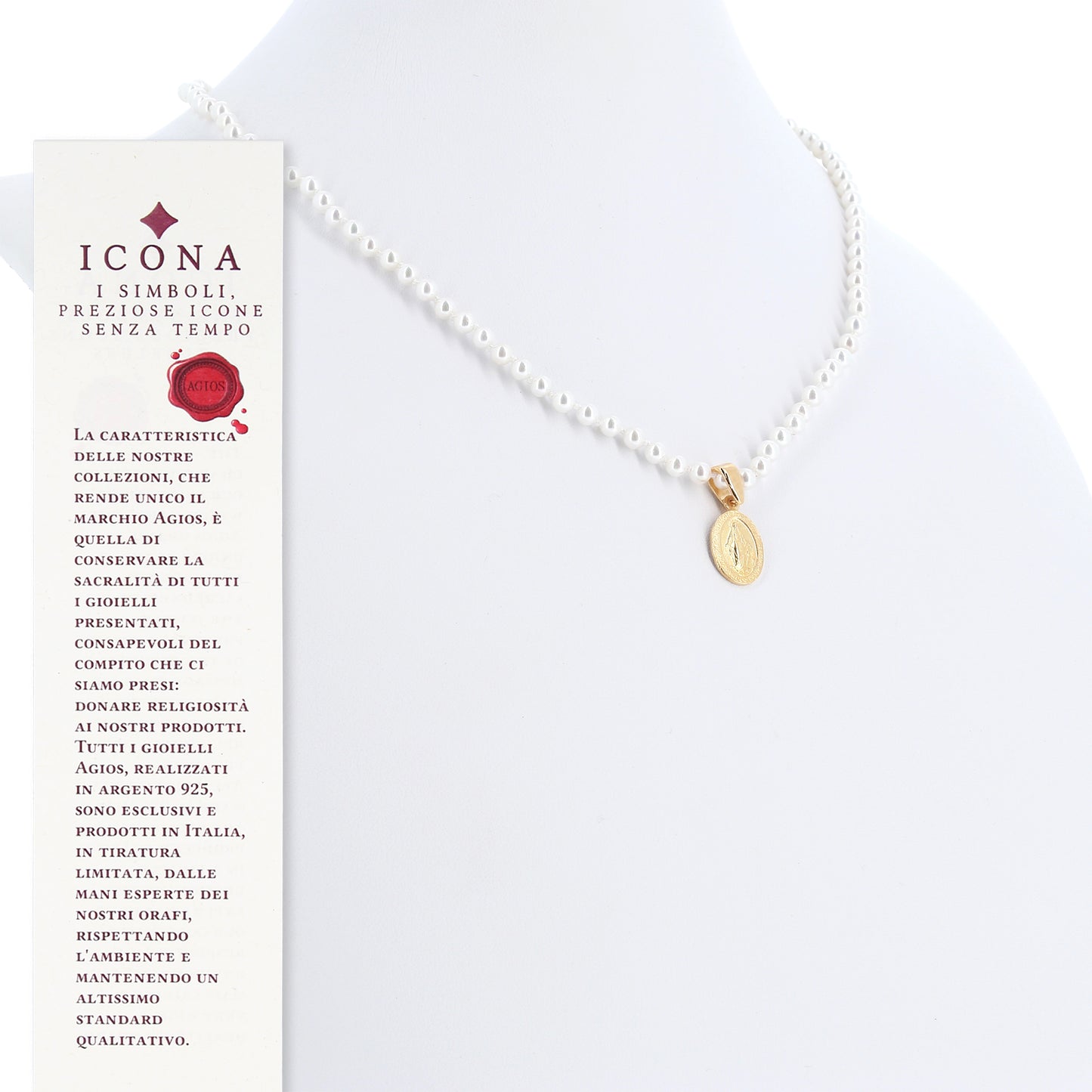 Collana in perle di conchiglia e pendente Medaglia Miracolosa in argento dorato
