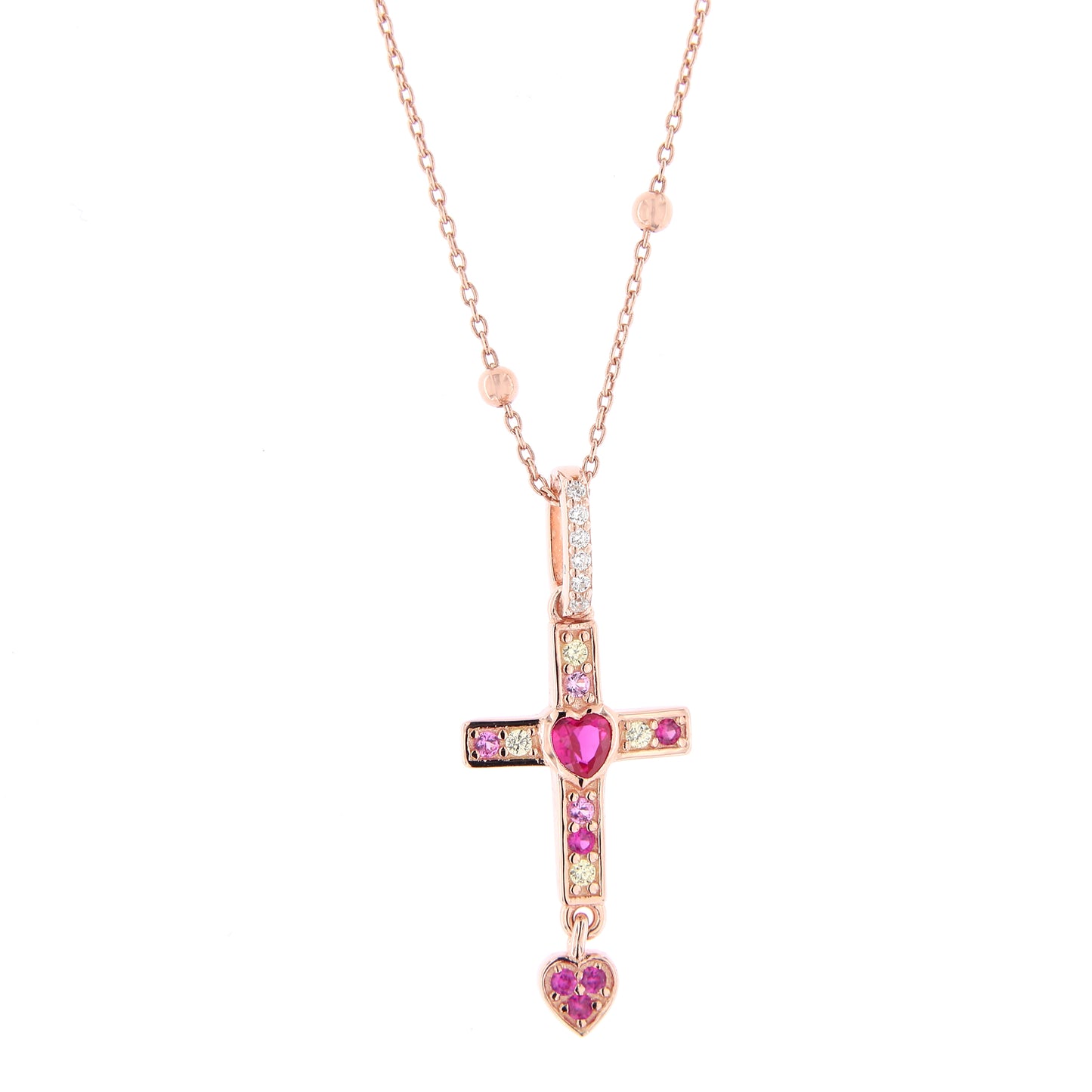 Collana Rubis Crucis in argento rosè e zirconi rossi 
