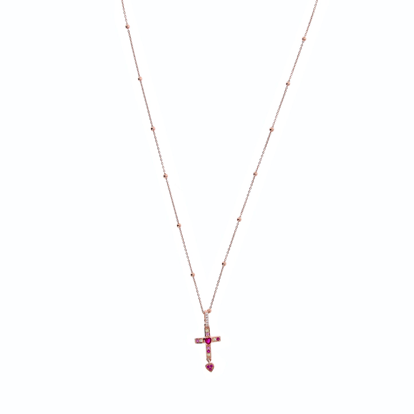 Collana Rubis Crucis in argento rosè e zirconi rossi 
