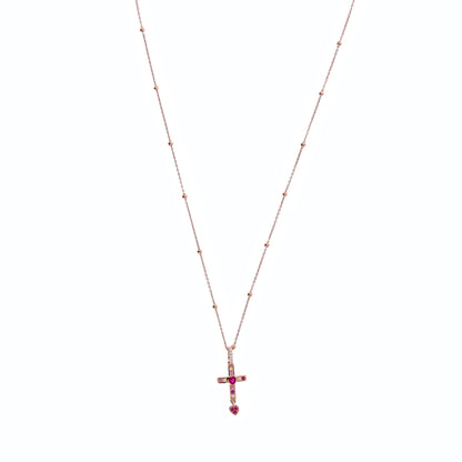 Collana Rubis Crucis in argento rosè e zirconi rossi 
