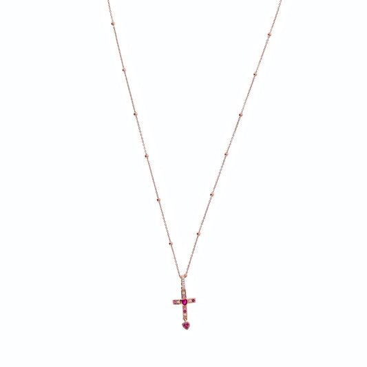 Collana Rubis Crucis in argento rosè e zirconi rossi 
