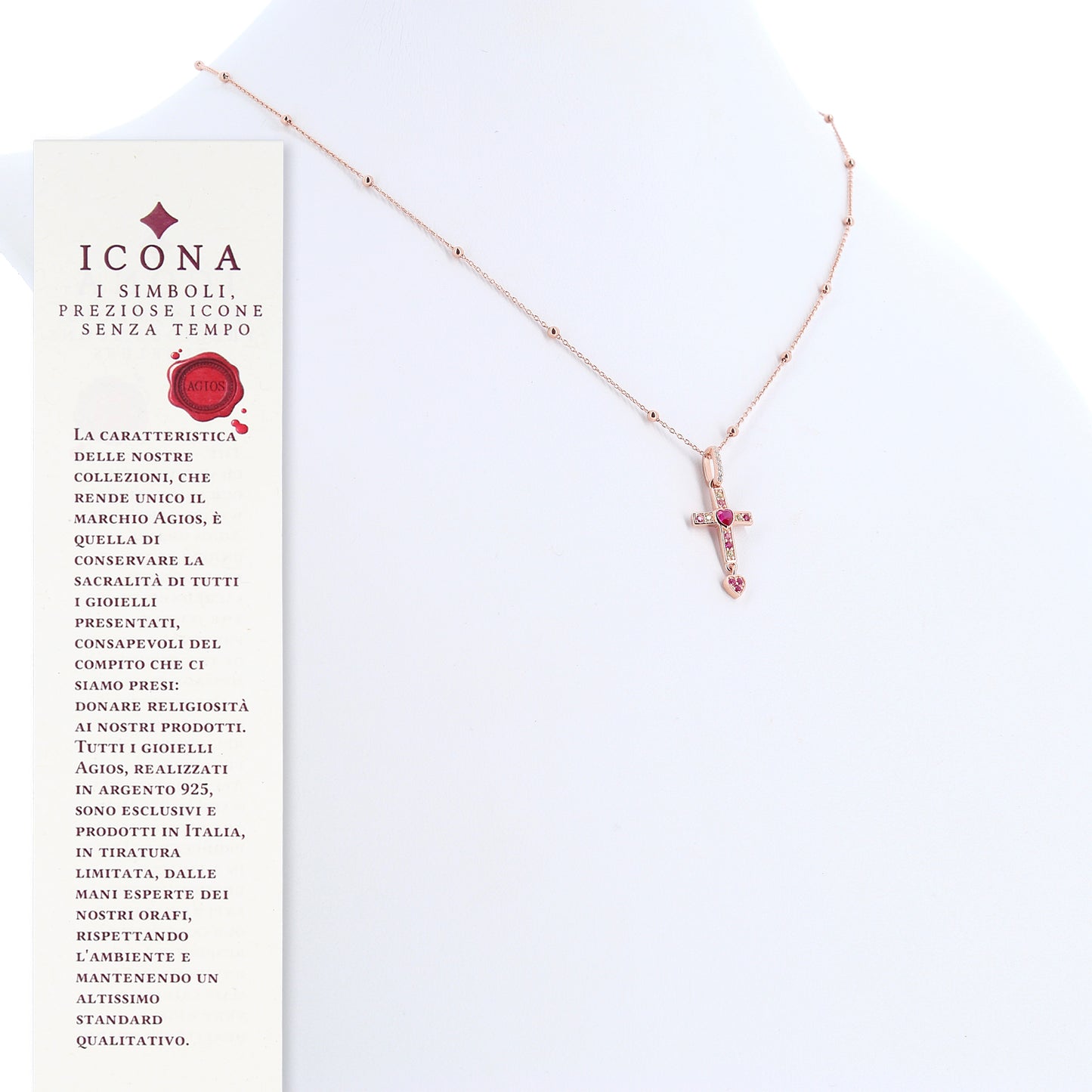 Collana Rubis Crucis in argento rosè e zirconi rossi 
