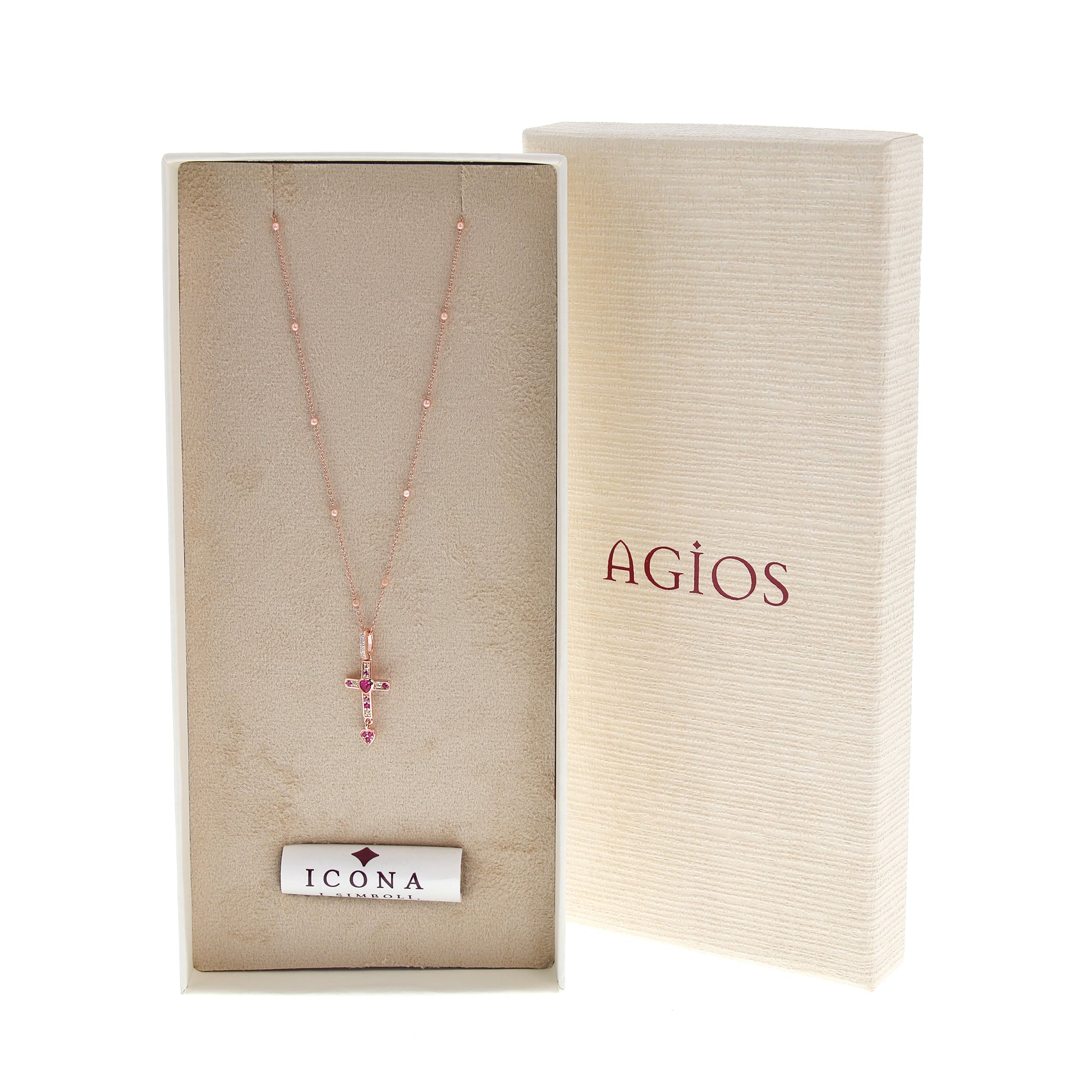 Collana Rubis Crucis in argento rosè e zirconi rossi 

