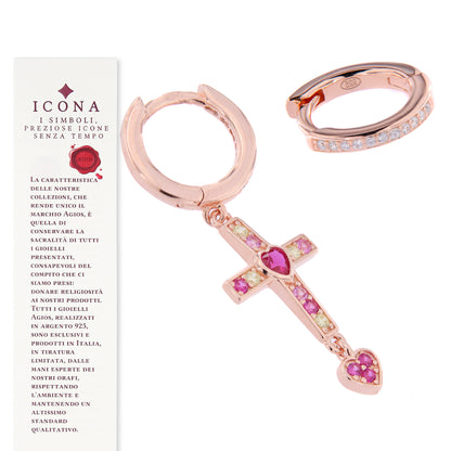 Orecchini Rubis Crucis asimmetrici in argento rosè e zirconi rossi 
