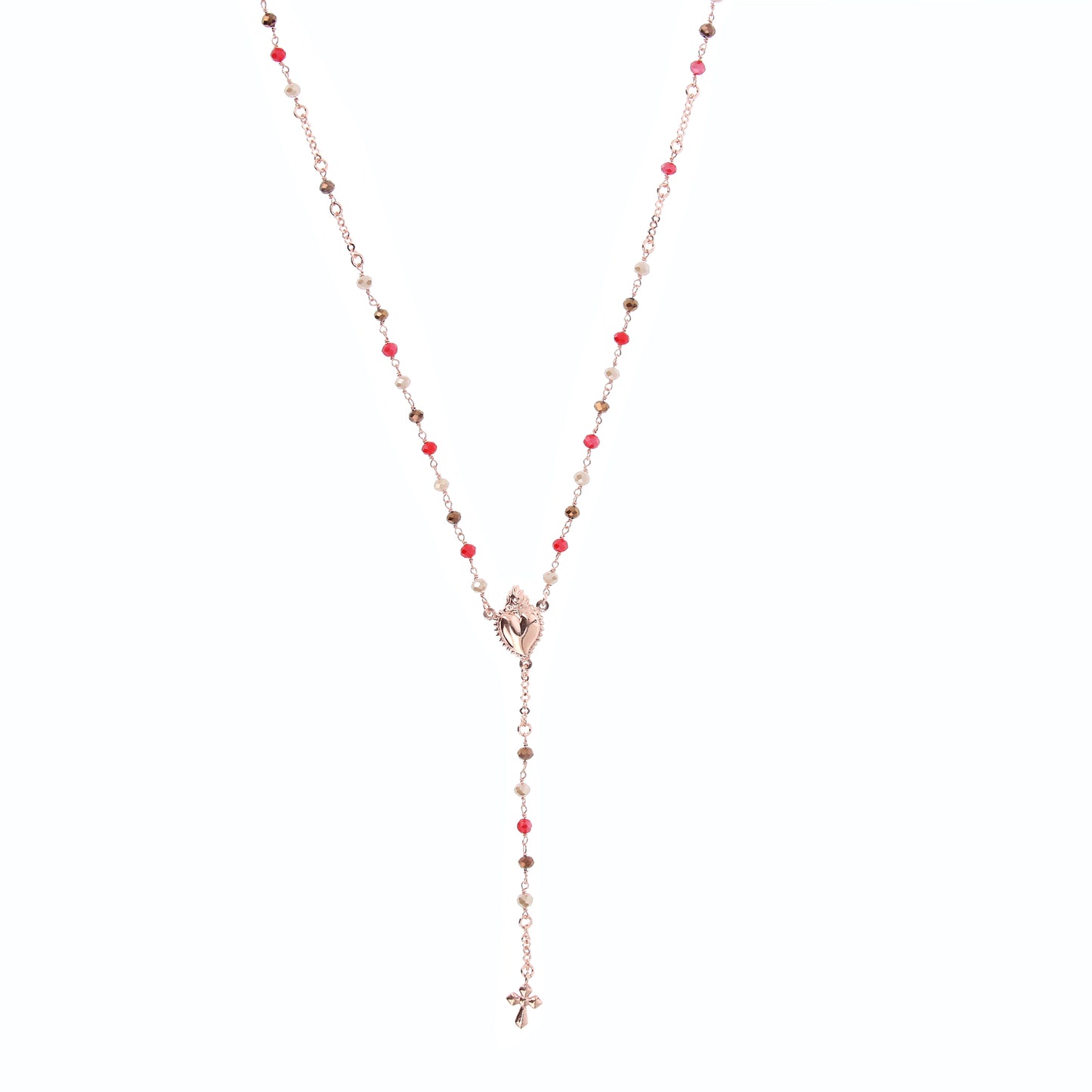 Collana Rosario Sacro Cuore con pietre multicolor, argento 925 rosè