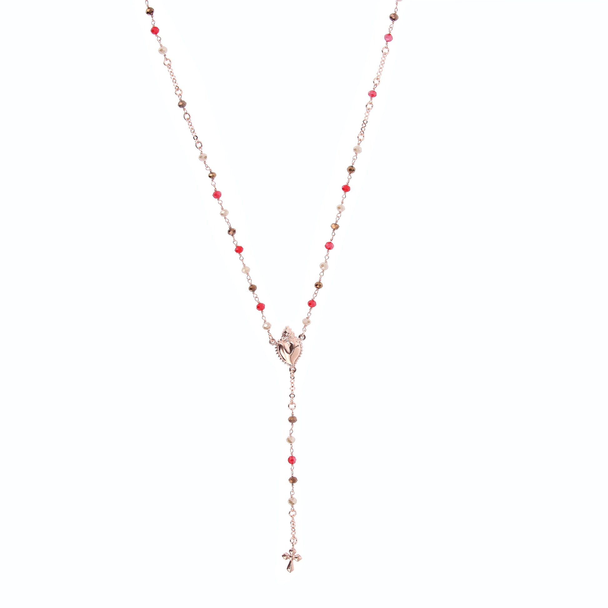 Collana Rosario Sacro Cuore con pietre multicolor, argento 925 rosè