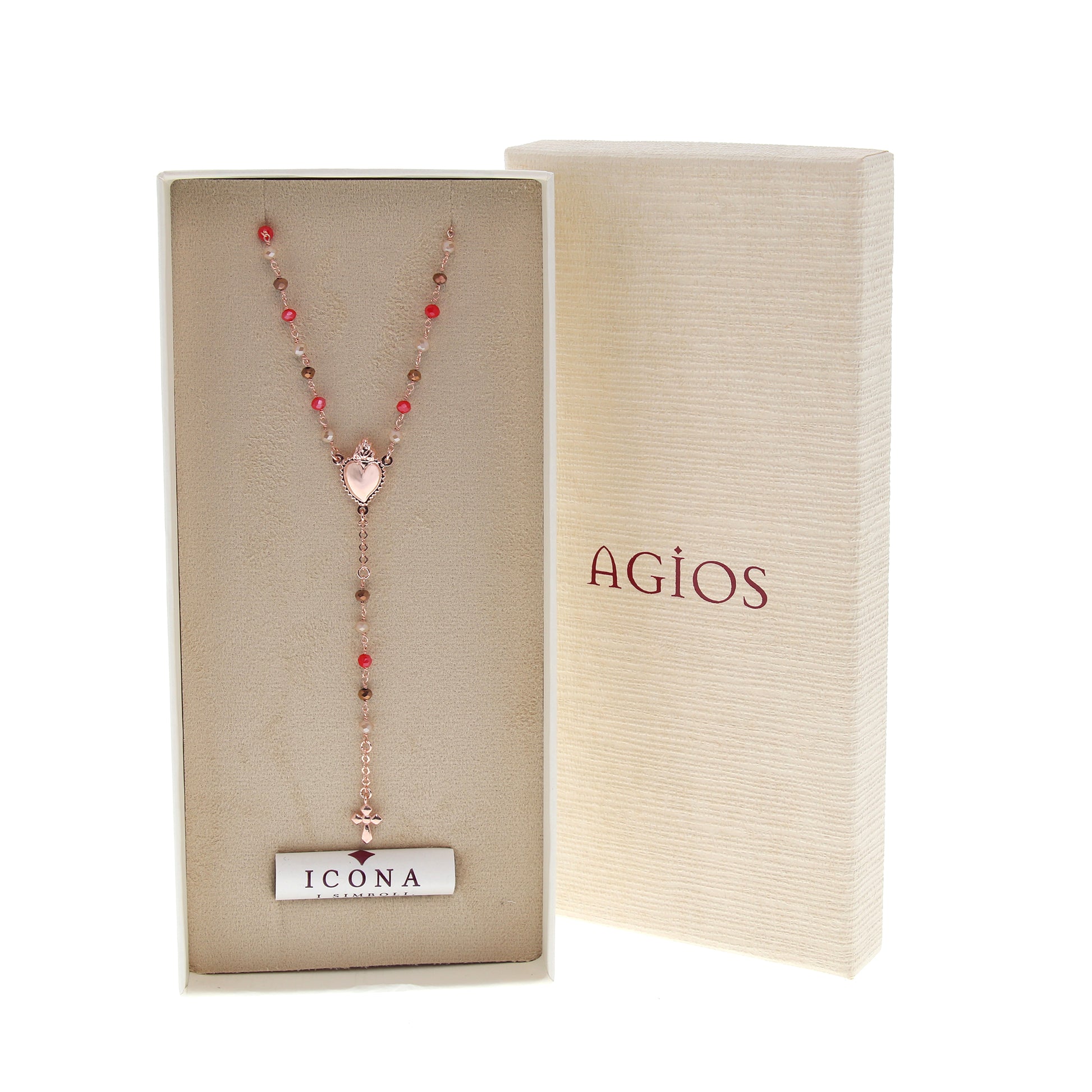 Collana Rosario Sacro Cuore con pietre multicolor, argento 925 rosè