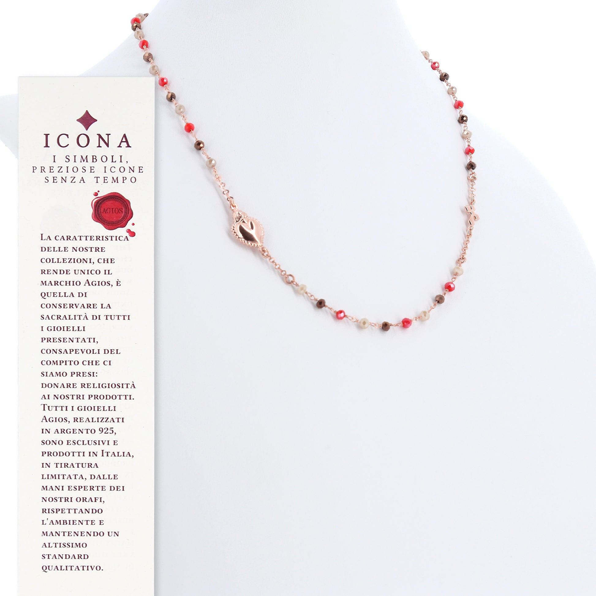 Collana Rosario Sacro Cuore con pietre multicolor, argento 925 rosè