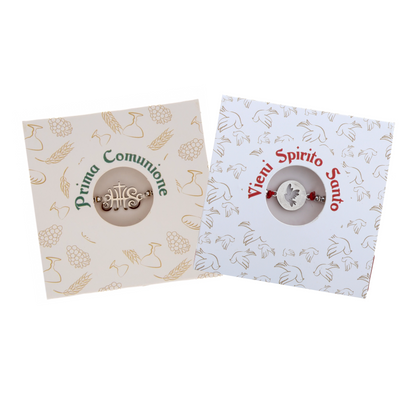 Ricordino Comunione e Cresima - Braccialetto con cordino, simbolo sacramento e confezione
