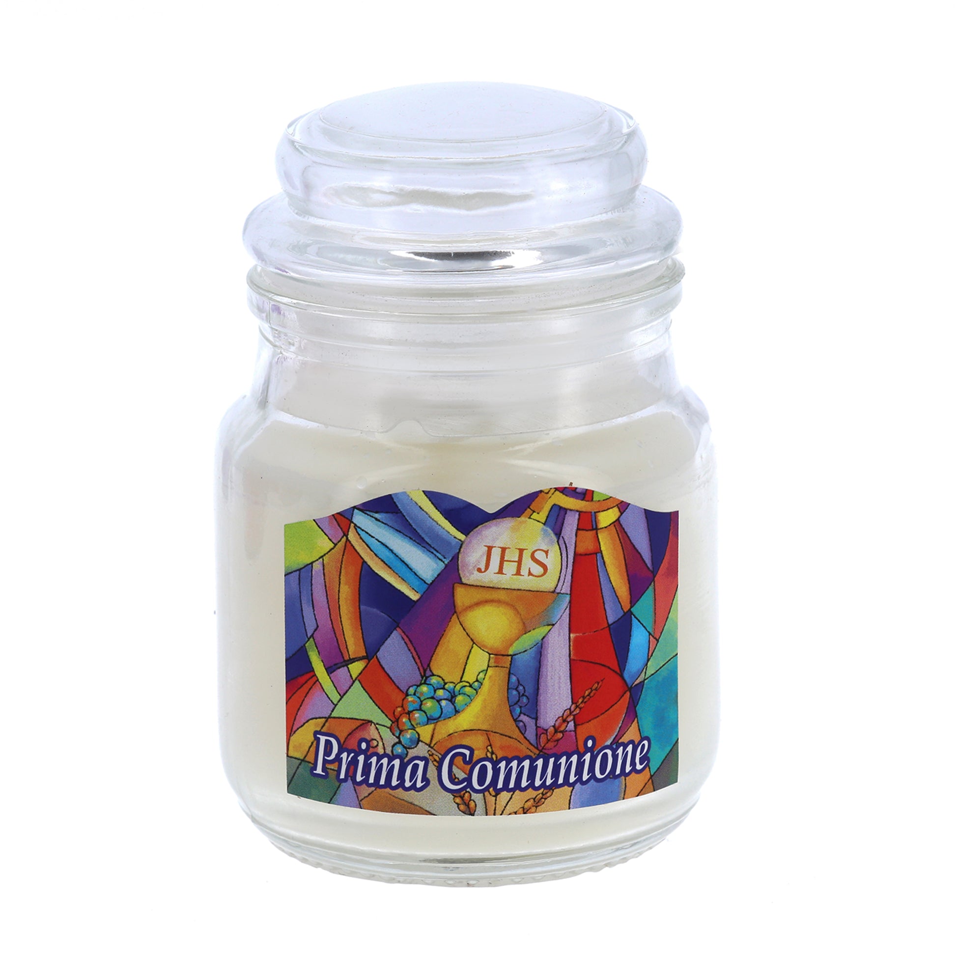 Ricordino Comunione/Cresima - Candela cero profumata in giara in vetro. Colorazioni e profumazioni Assortite
