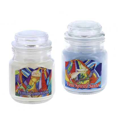 Ricordino Comunione/Cresima - Candela cero profumata in giara in vetro. Colorazioni e profumazioni Assortite

