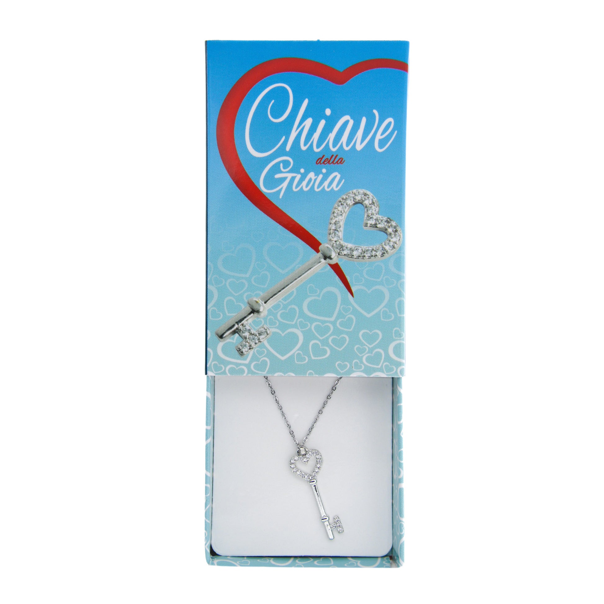 Collana con ciondolo chiave della gioia. Confezione a cassetto. Lunghezza 24,5 cm