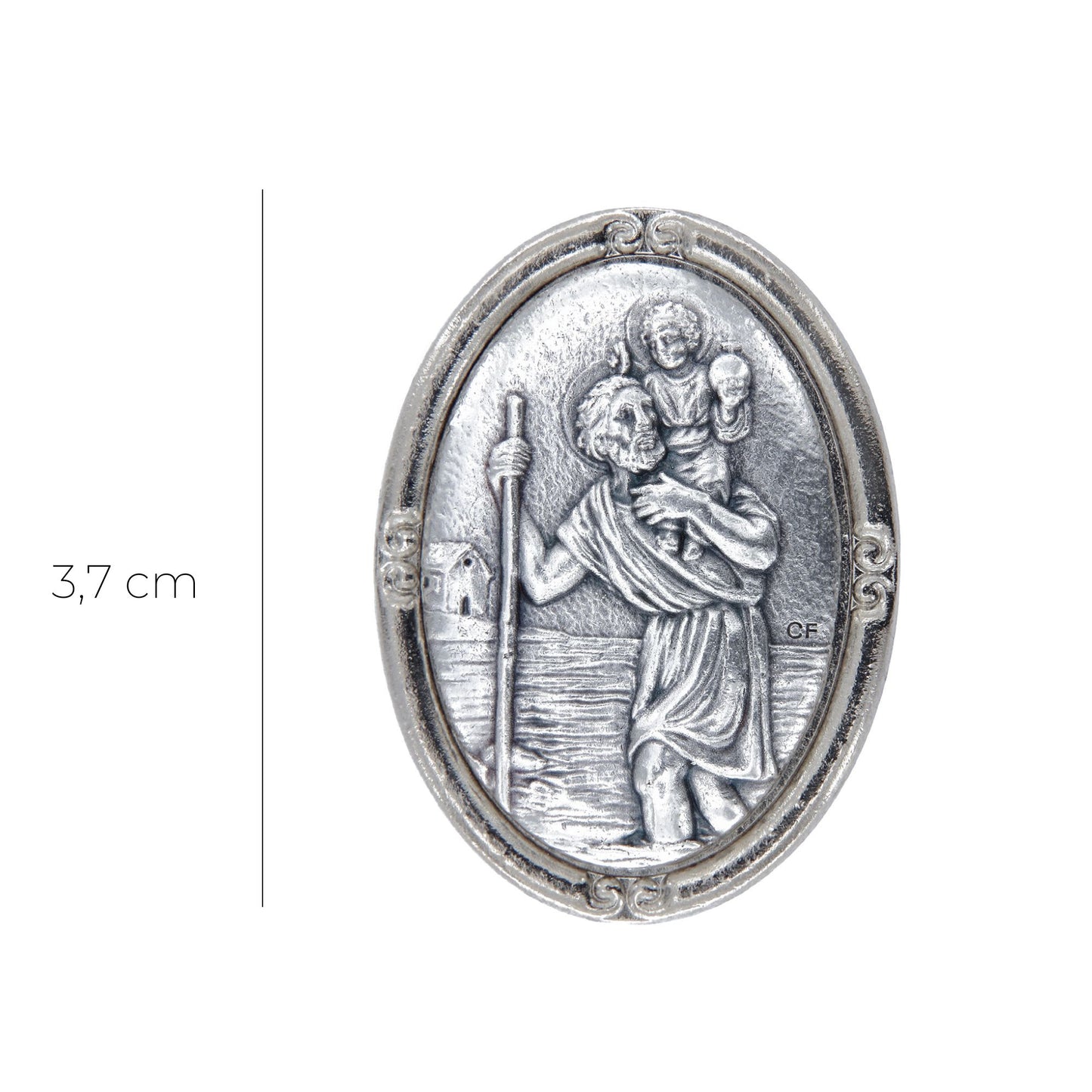 Calamita con adesivo, ovale, in zama, San Cristoforo. Altezza 3,7 cm