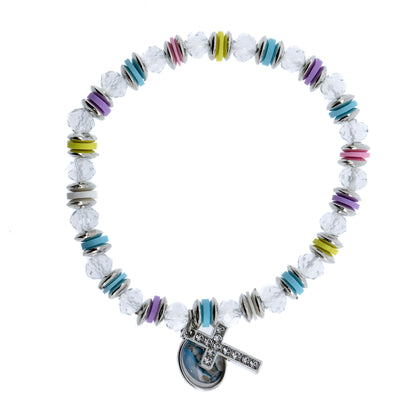 Bracciale elastico, perle in cristallo, croce strass e medaglia Madonna