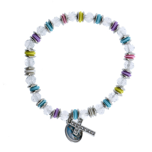 Bracciale elastico, perle in cristallo, croce strass e medaglia Madonna