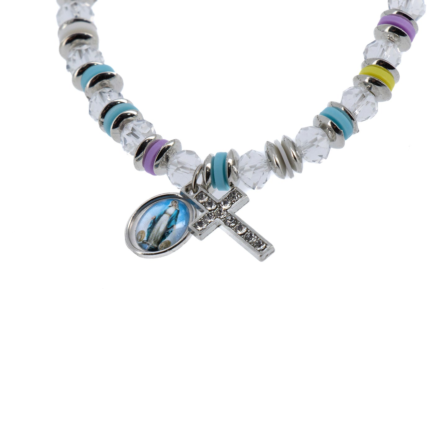 Bracciale elastico, perle in cristallo, croce strass e medaglia Madonna