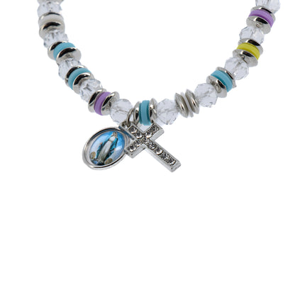 Bracciale elastico, perle in cristallo, croce strass e medaglia Madonna