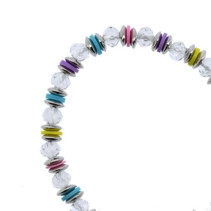 Bracciale elastico, perle in cristallo, croce strass e medaglia Madonna