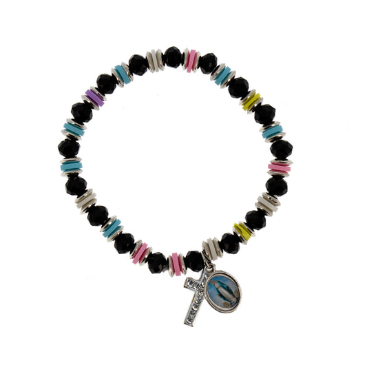 Bracciale elastico, perle in cristallo, croce strass e medaglia Madonna
