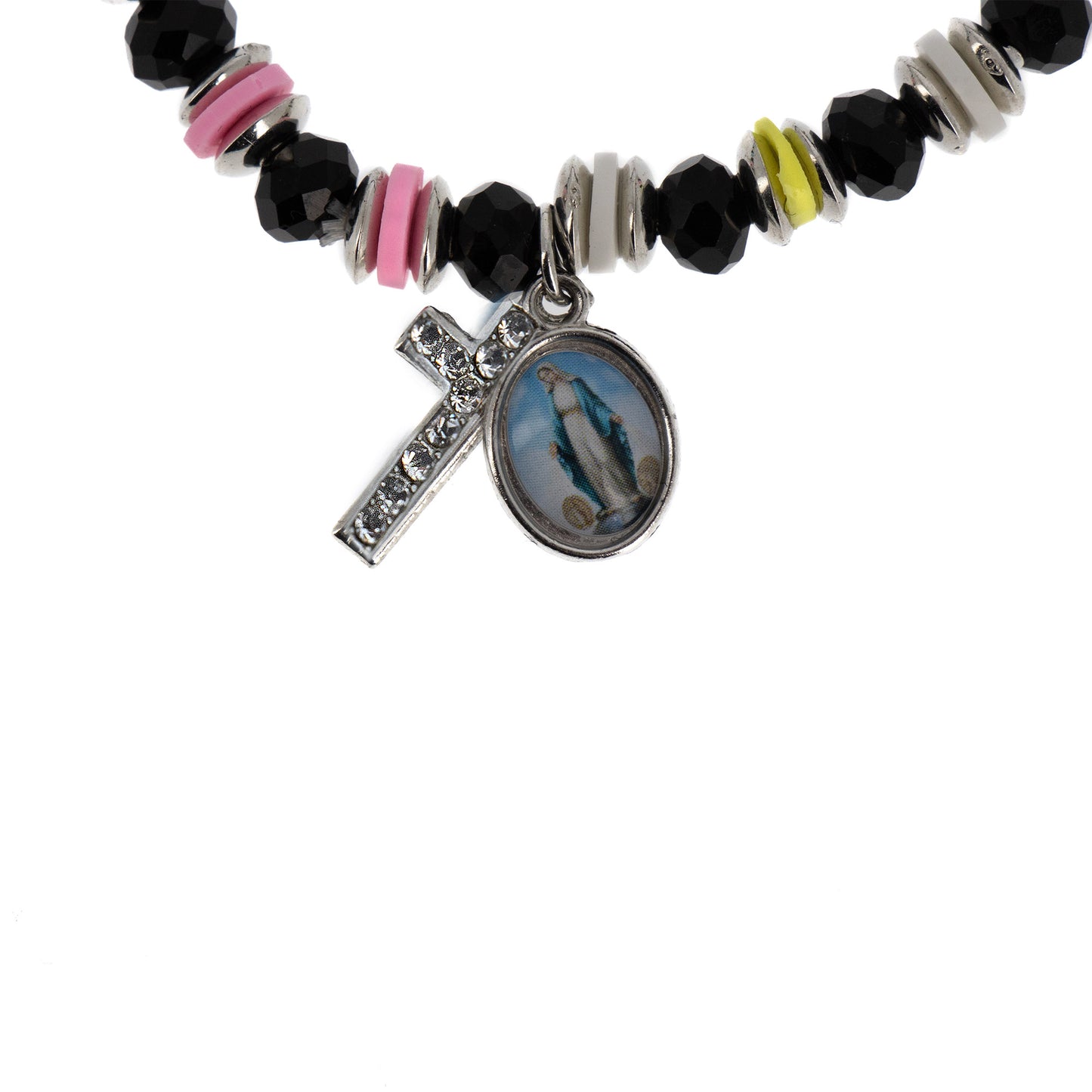 Bracciale elastico, perle in cristallo, croce strass e medaglia Madonna