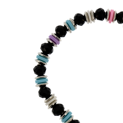 Bracciale elastico, perle in cristallo, croce strass e medaglia Madonna